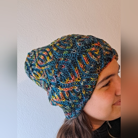 Knit Hat Warm Hand Dyed Soft Wool Green Multicolor Striped Brioche Stocking Cap - Picture 6 of 13